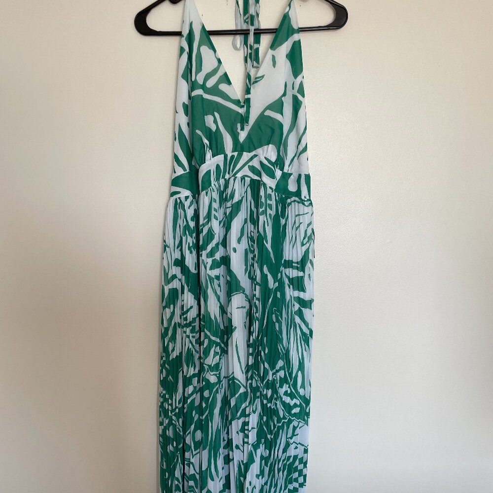 Eva Mendes green and white tropical maxi halter dress size Large